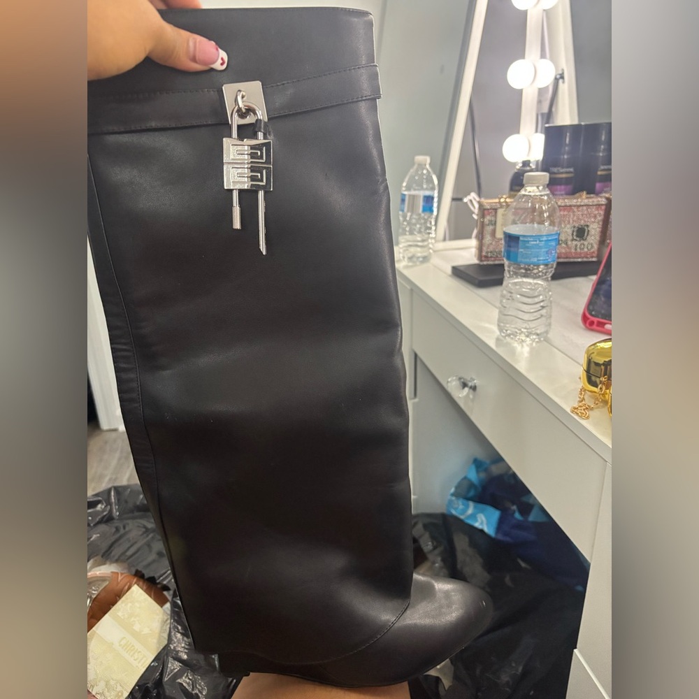 Givenchy Black Over-the-Knee Leather Boots with Silver Lock Detail